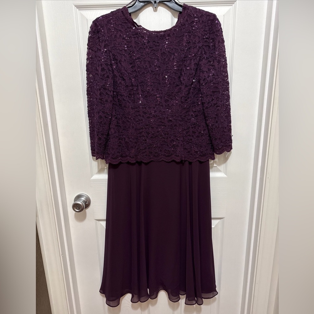 Alex Evenings Lace Bodice Lined Chiffon Dress Size 8 Mother Of Bride Deep Plum